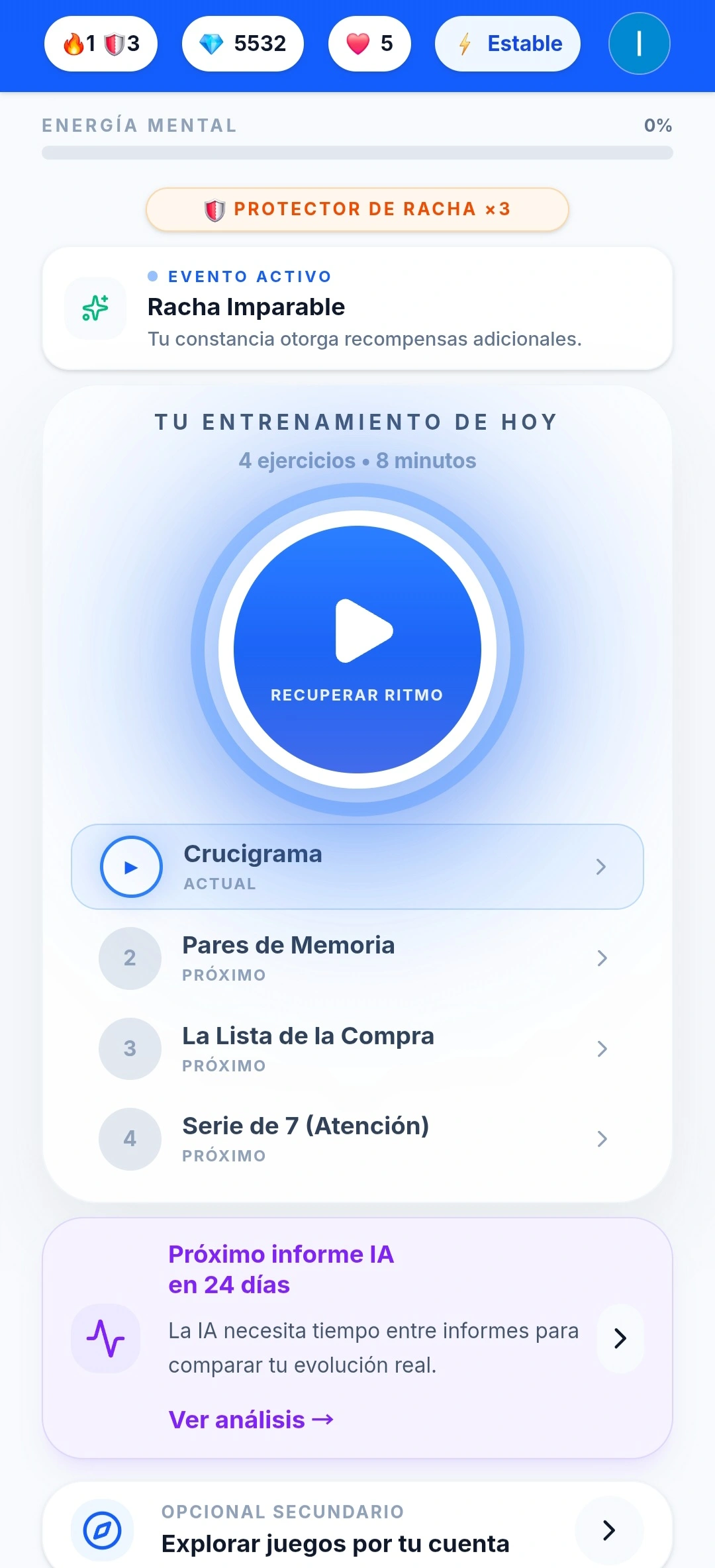 Pantalla principal de CogniTest con el entrenamiento cognitivo diario