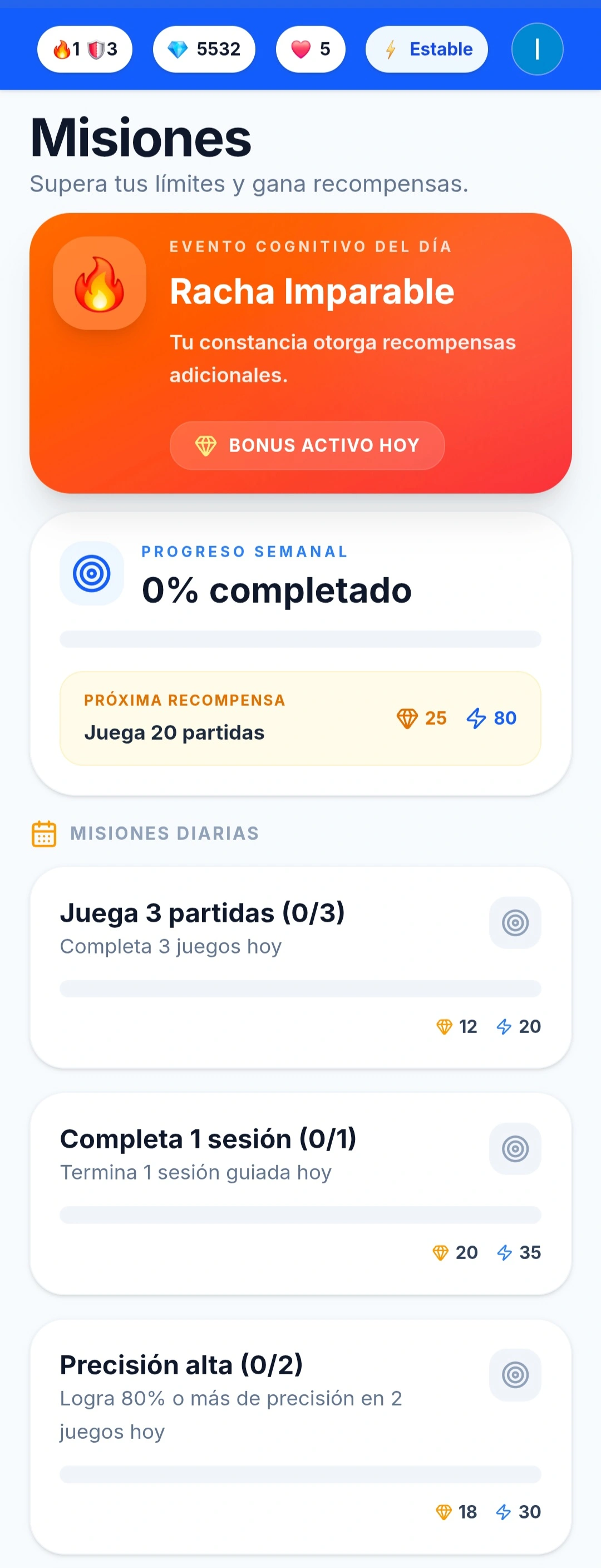 Pantalla de misiones y recompensas de CogniTest