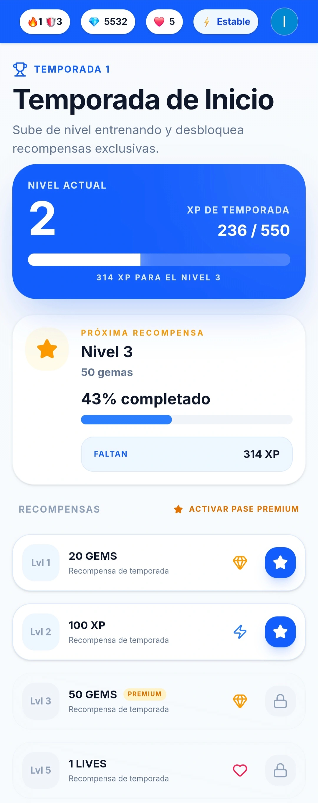 Pantalla de progresión y recompensas de CogniTest